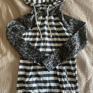 AMPERSAND AVE Striped and Leopard Hoodie - Black, White, Brown